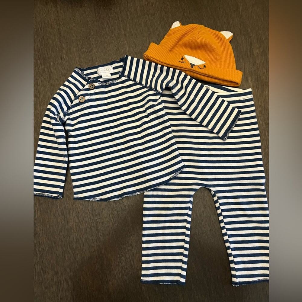 Mud Pie Baby Outfit Set 6–9 Months 3 Piece Striped Shirt Pants Fox Hat EUC
